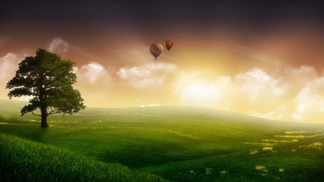 nature, grass, sky, clouds, trees, balloon, graphics 